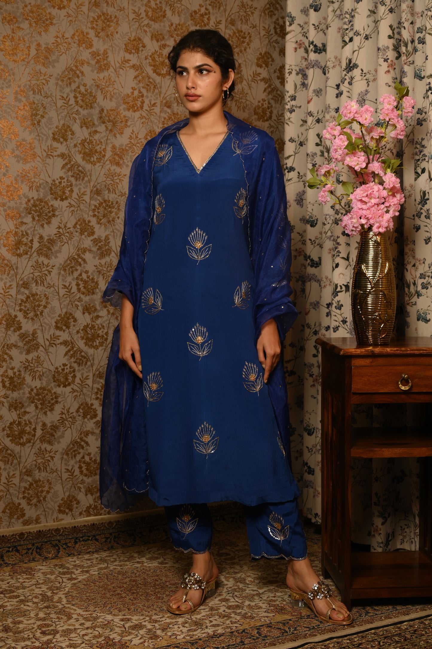 Egyptian Blue Sequins Hand Embroidered suit set