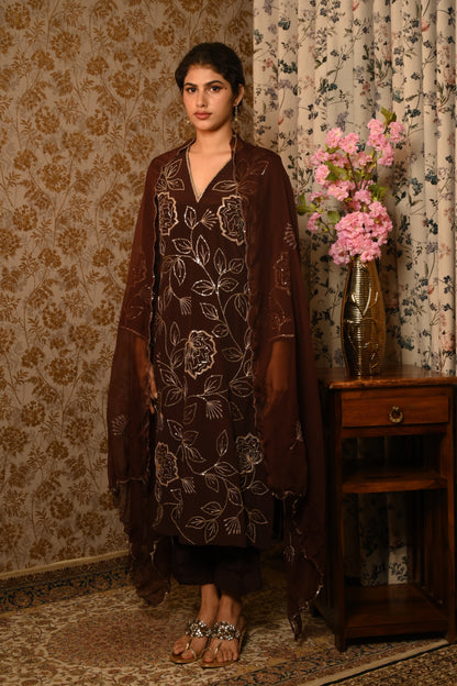 Chocolate Sequins Hand Embroidered suit set