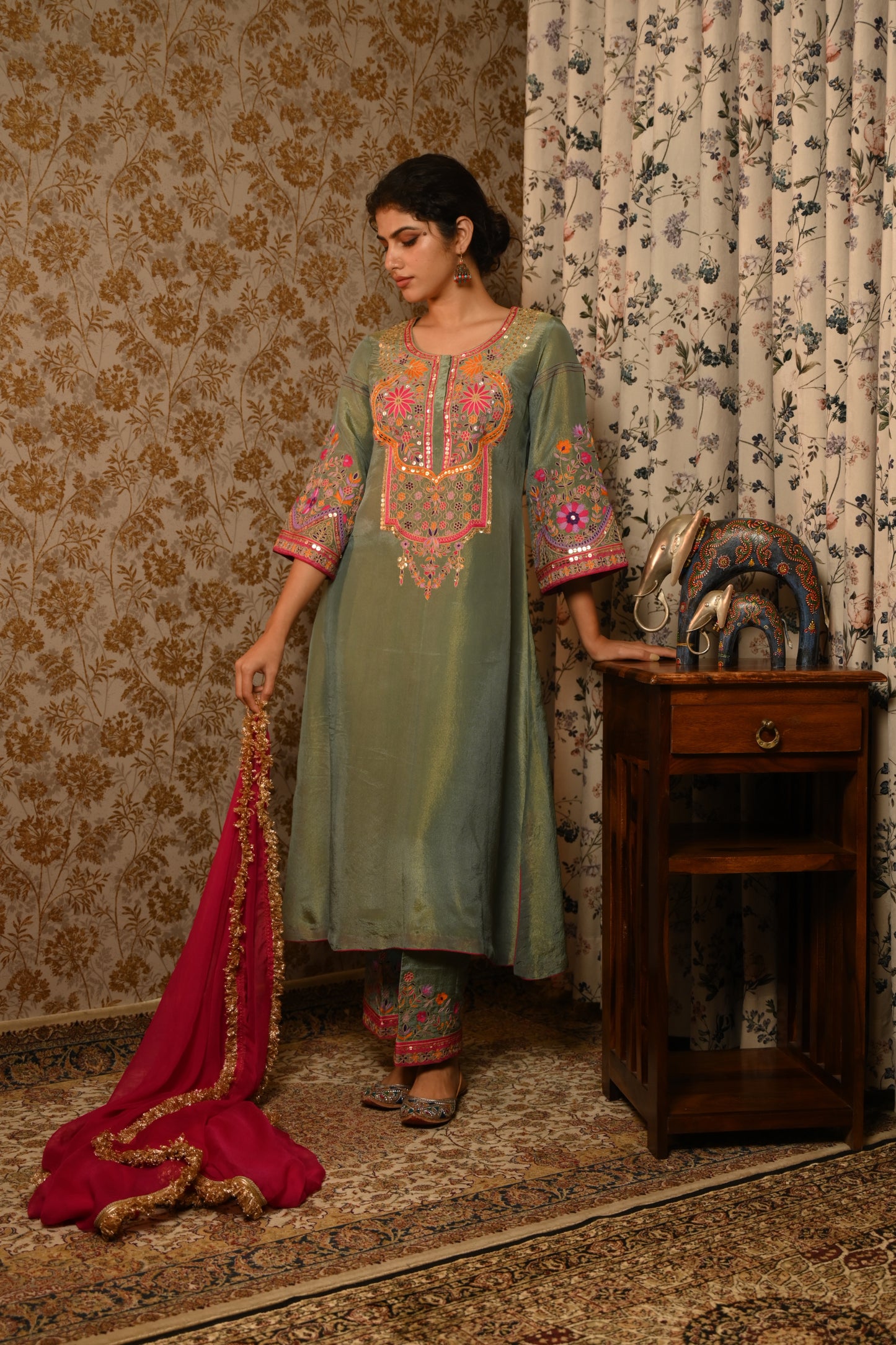 Sea Green Tissue Hand Embroidered suit set