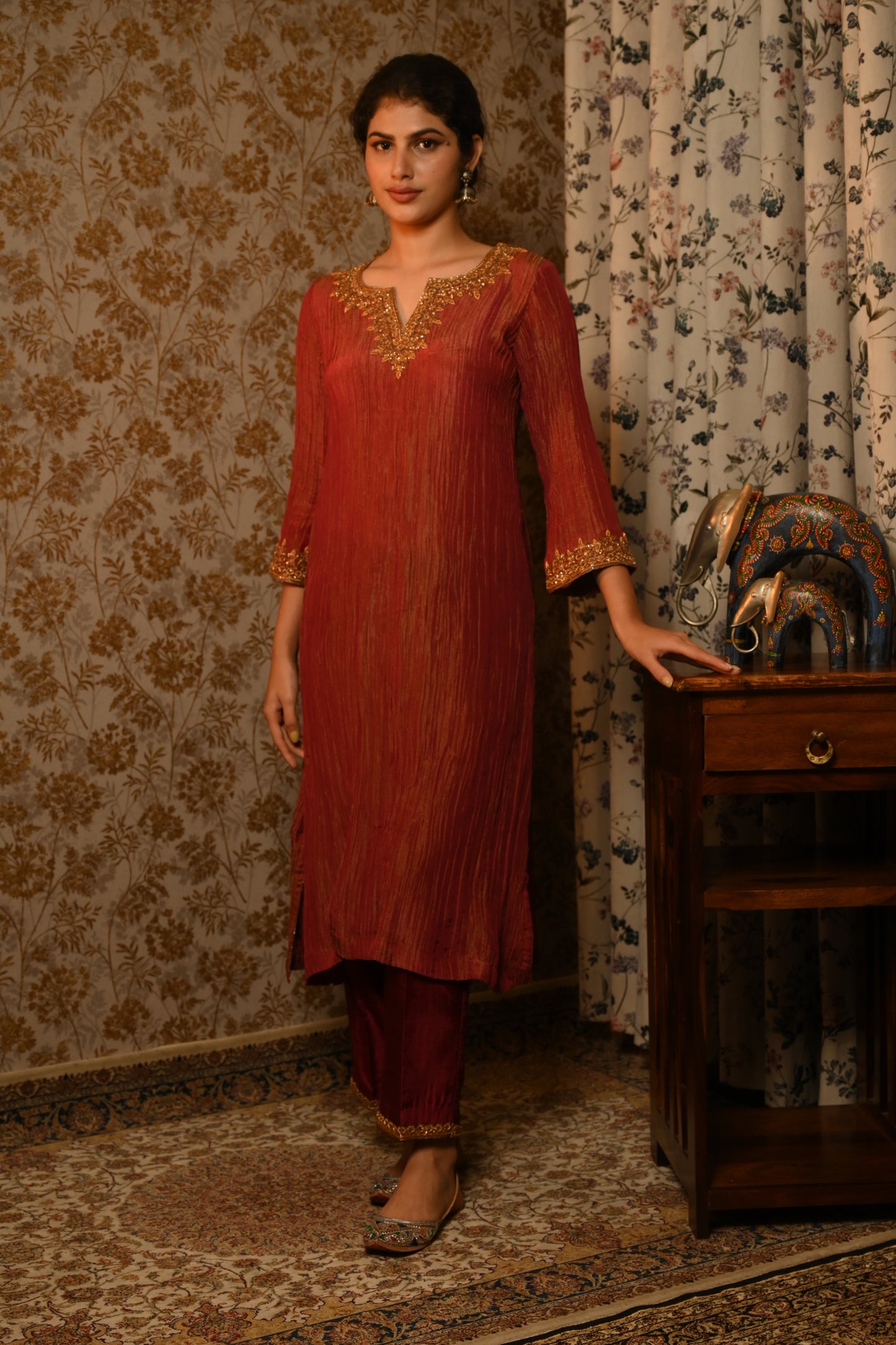 Brick Red Crushed Tissue Hand Embroidered suit set