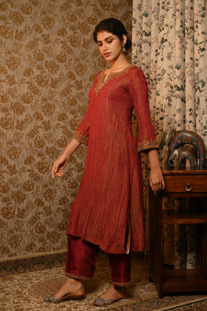 Brick Red Crushed Tissue Hand Embroidered suit set
