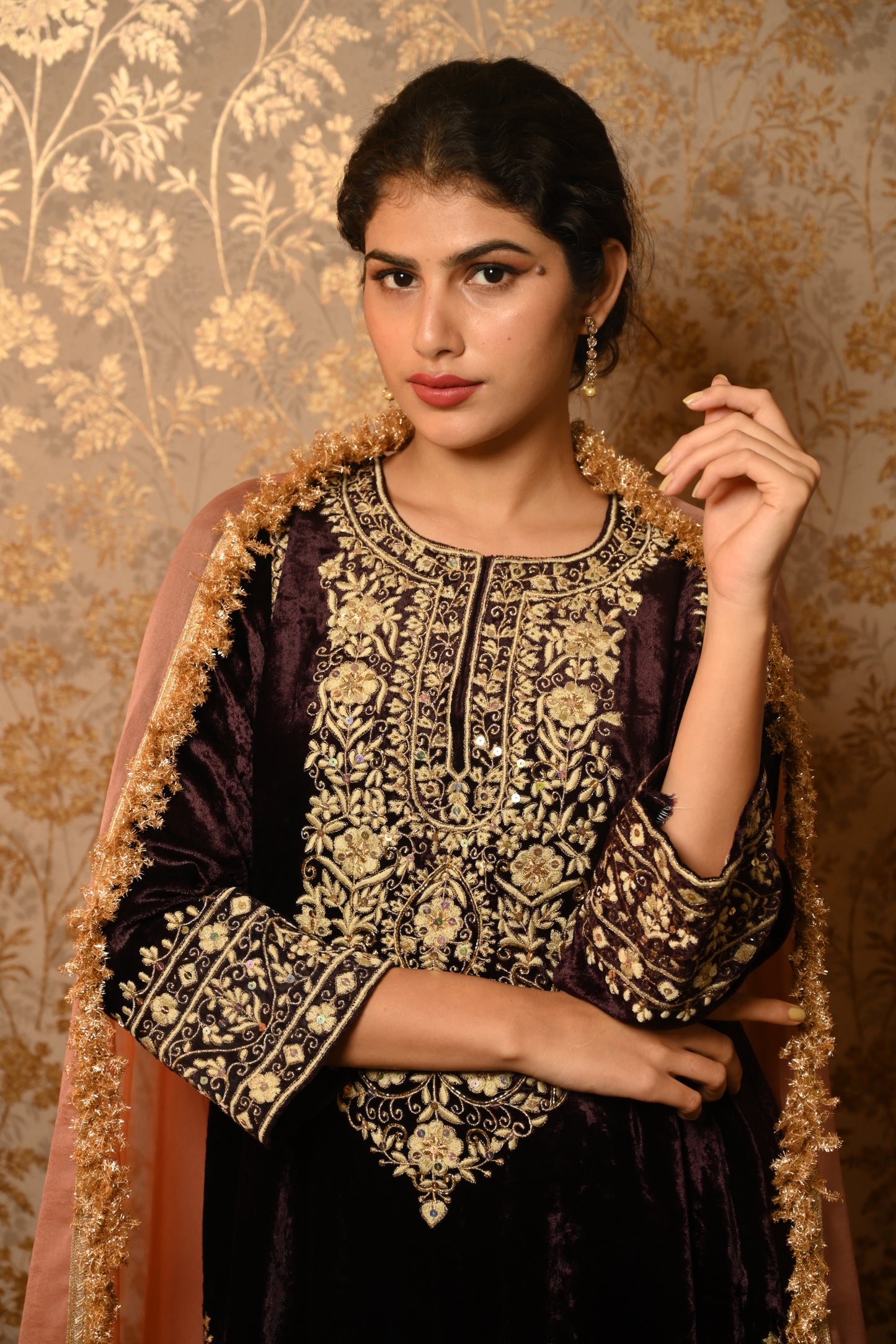 Sangria Velvet Resham and Sequins Embroidered suit set