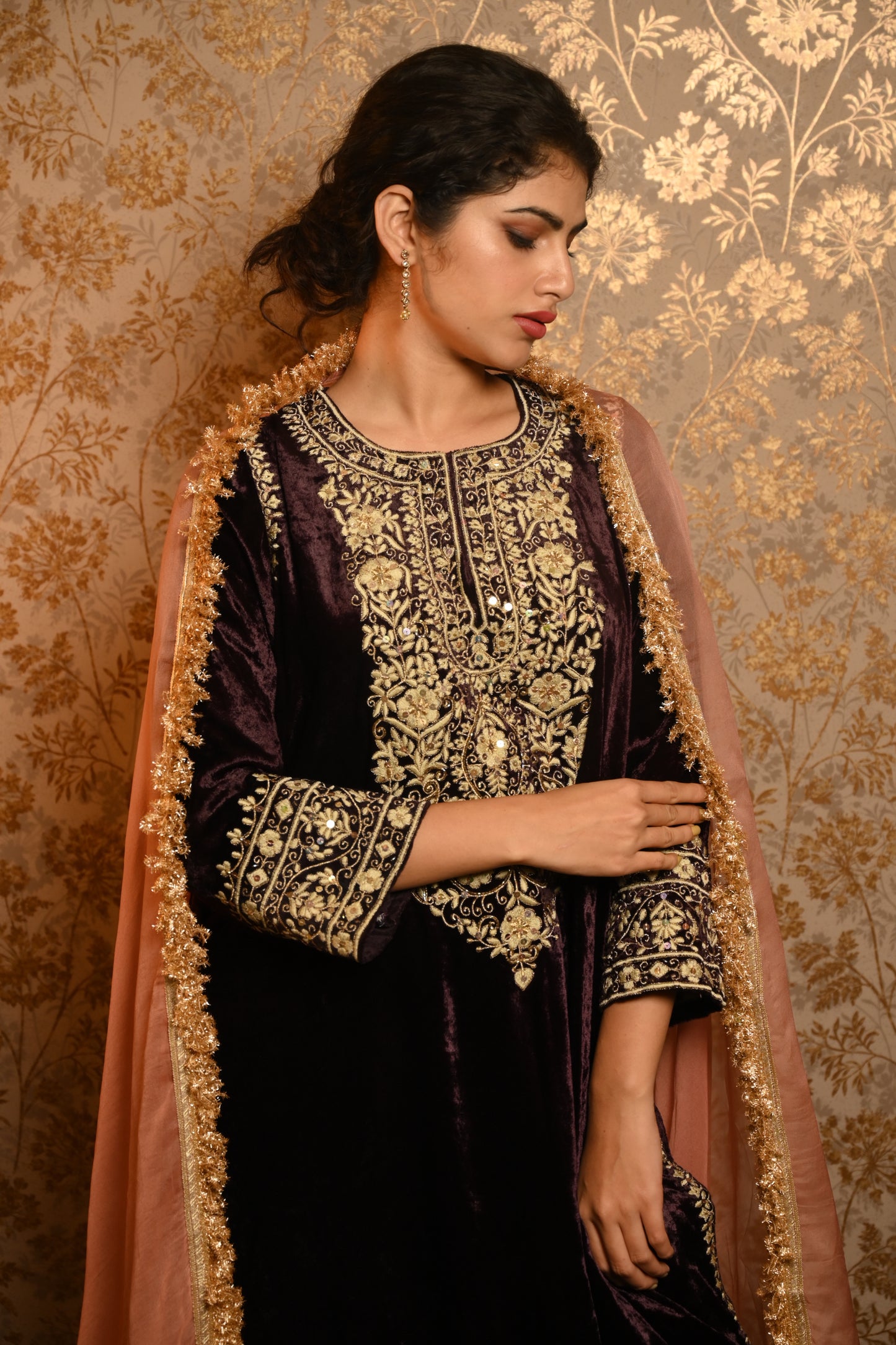 Sangria Velvet Resham and Sequins Embroidered suit set