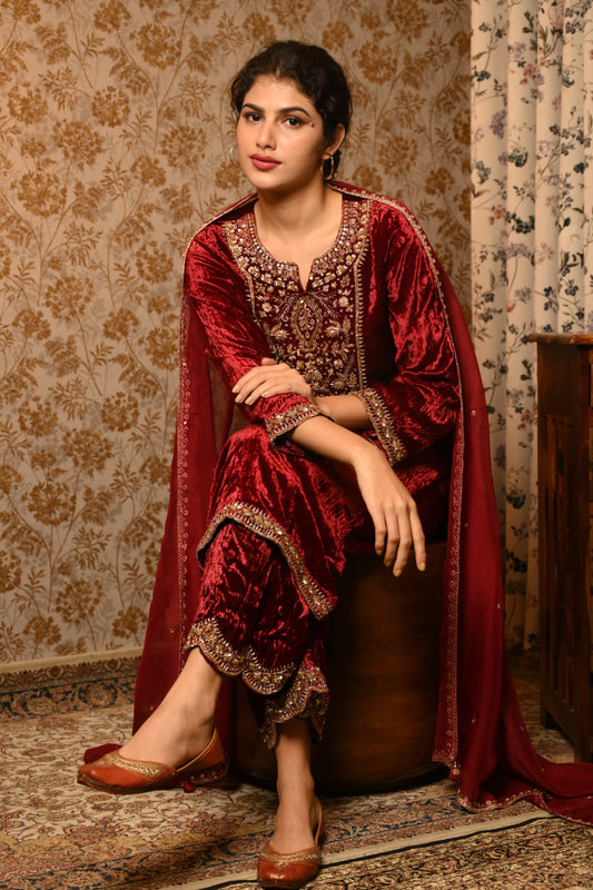 Royal Maroon Velvet Hand Embroidered suit set