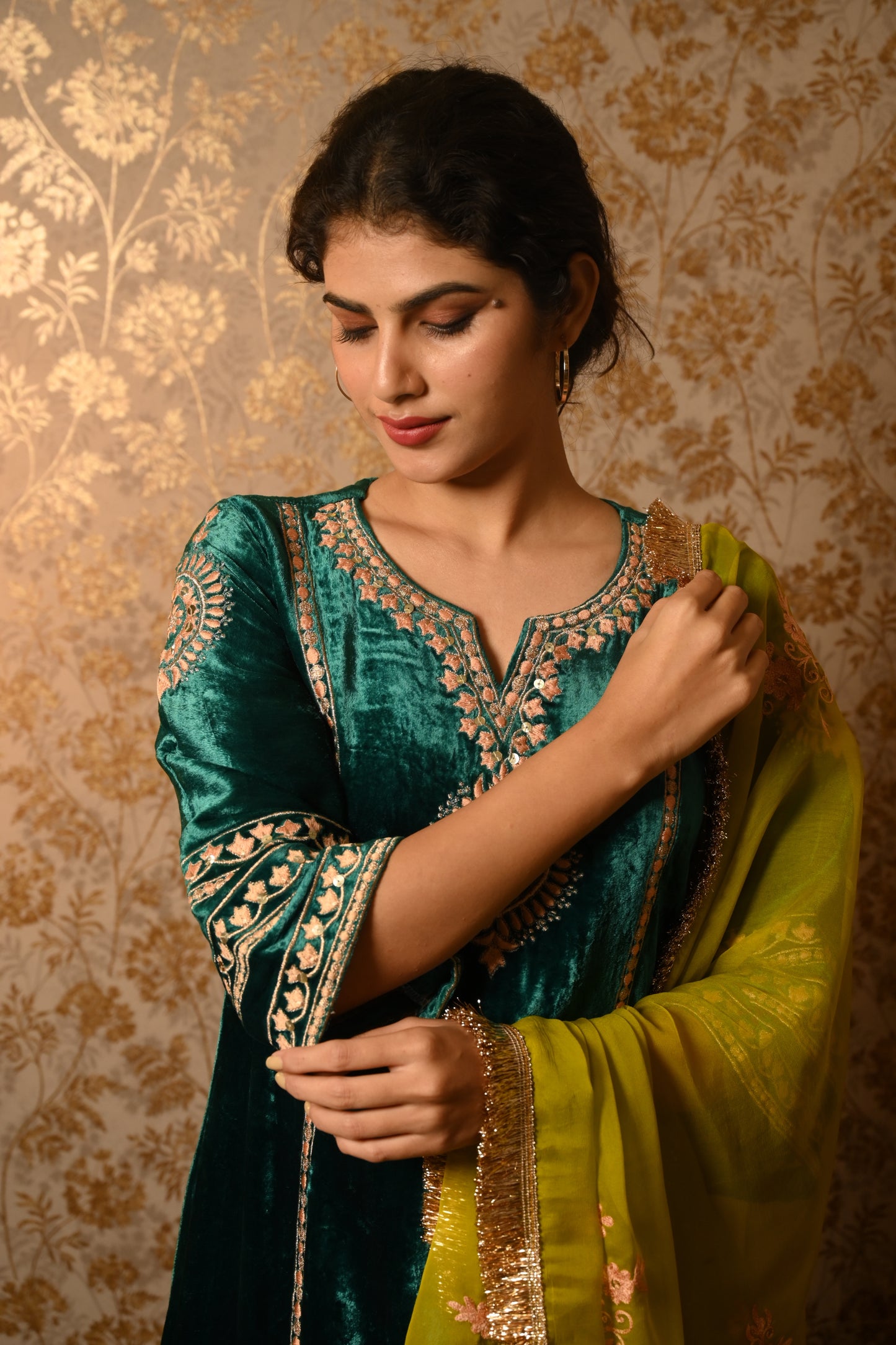 Emerald Green Velvet Resham and Sequins Embroidered suit set