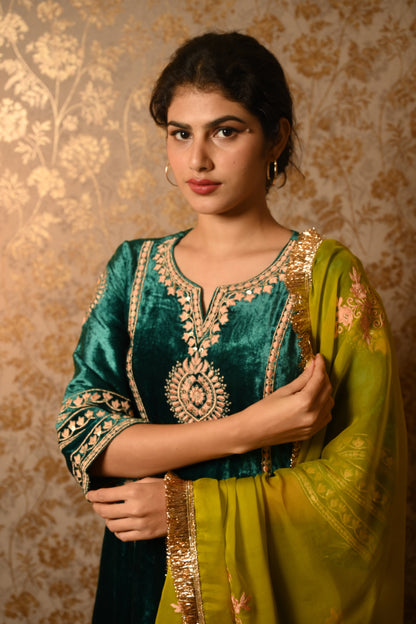 Emerald Green Velvet Resham and Sequins Embroidered suit set