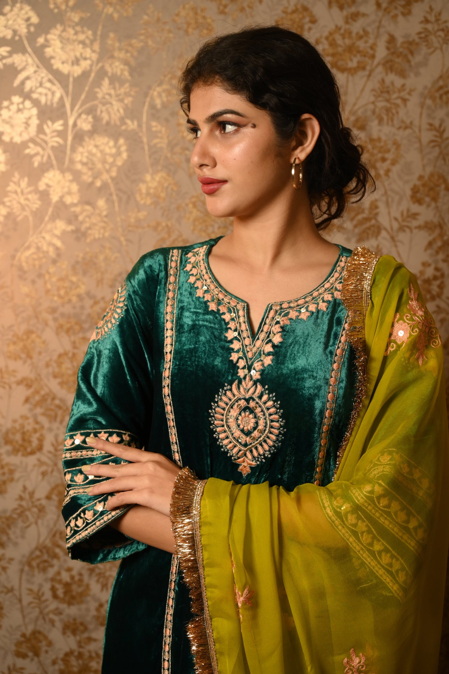 Emerald Green Velvet Resham and Sequins Embroidered suit set