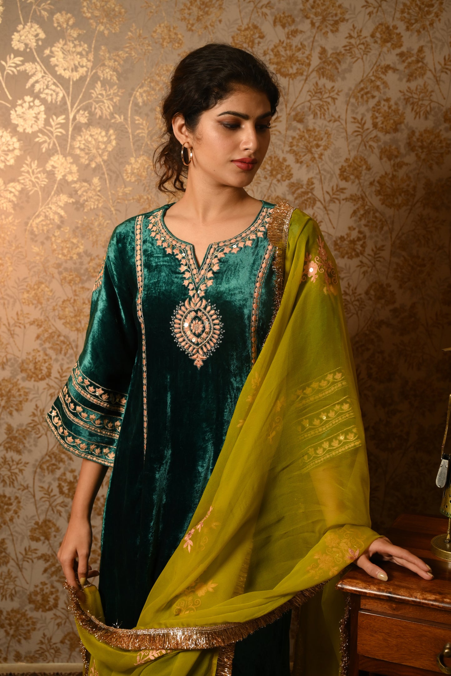 Emerald Green Velvet Resham and Sequins Embroidered suit set