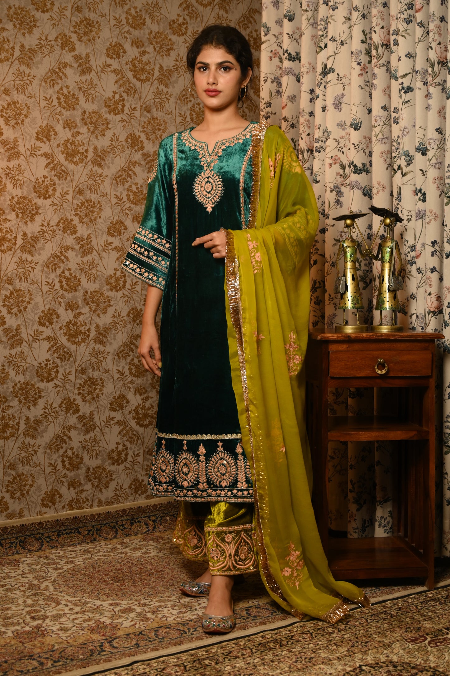 Emerald Green Velvet Resham and Sequins Embroidered suit set