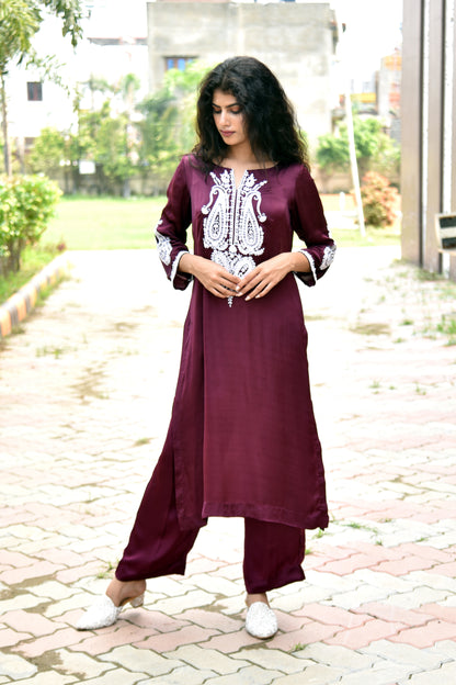 Sangria Satin Pearl and Resham Hand Embroidered Kurti set