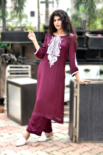 Sangria Satin Pearl and Resham Hand Embroidered Kurti set