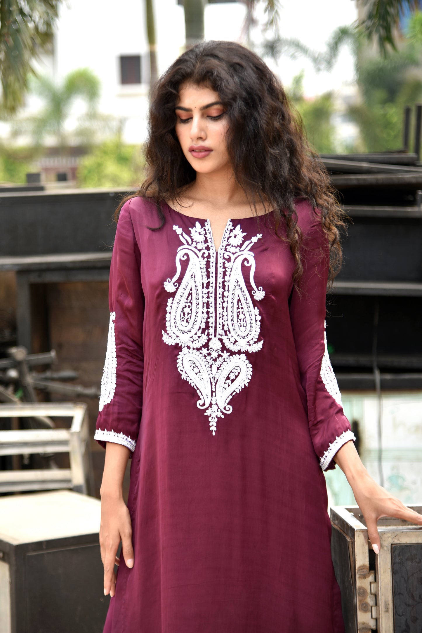 Sangria Satin Pearl and Resham Hand Embroidered Kurti set