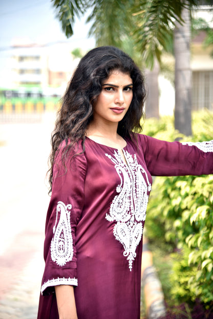 Sangria Satin Pearl and Resham Hand Embroidered Kurti set