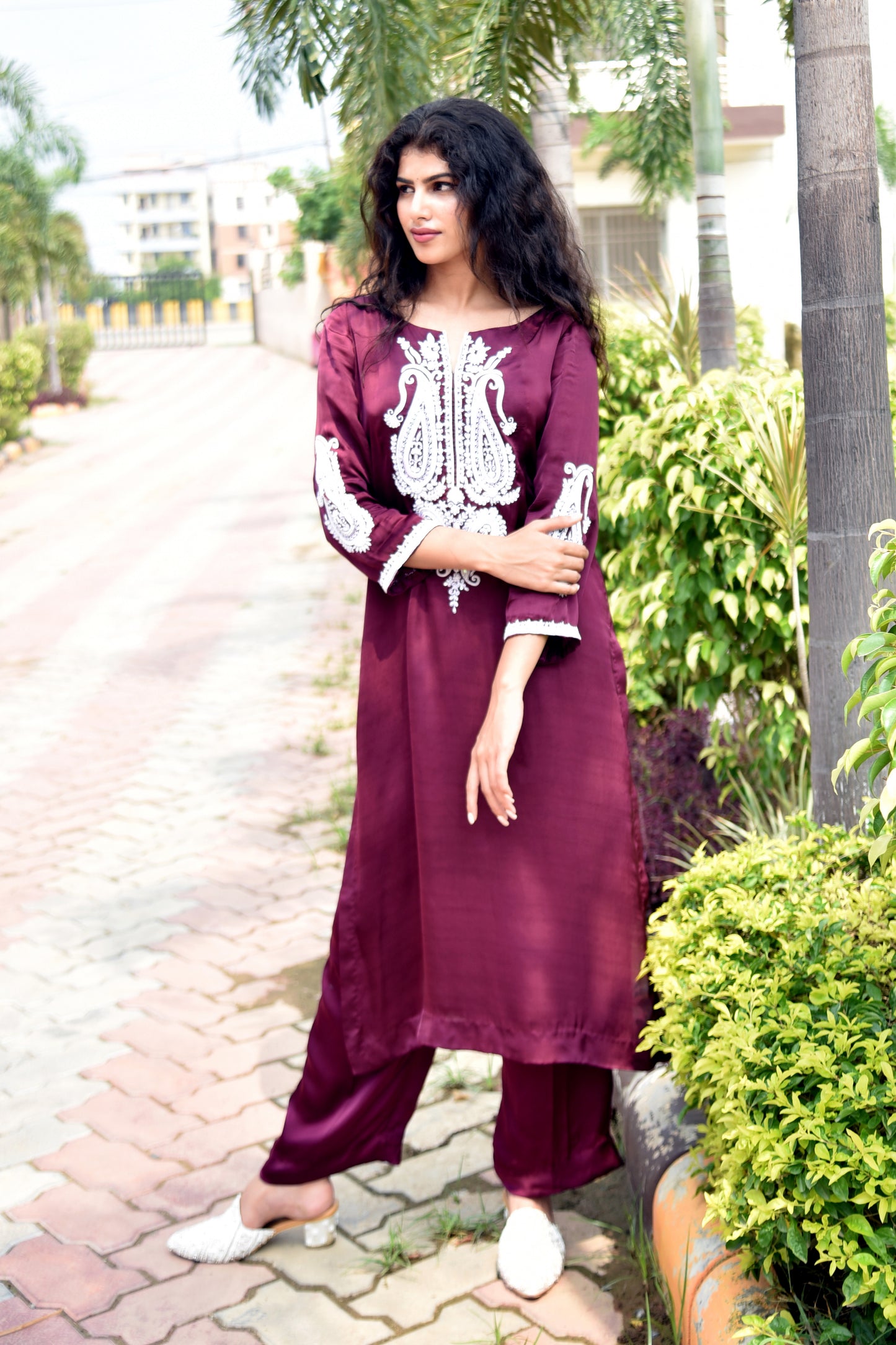 Sangria Satin Pearl and Resham Hand Embroidered Kurti set