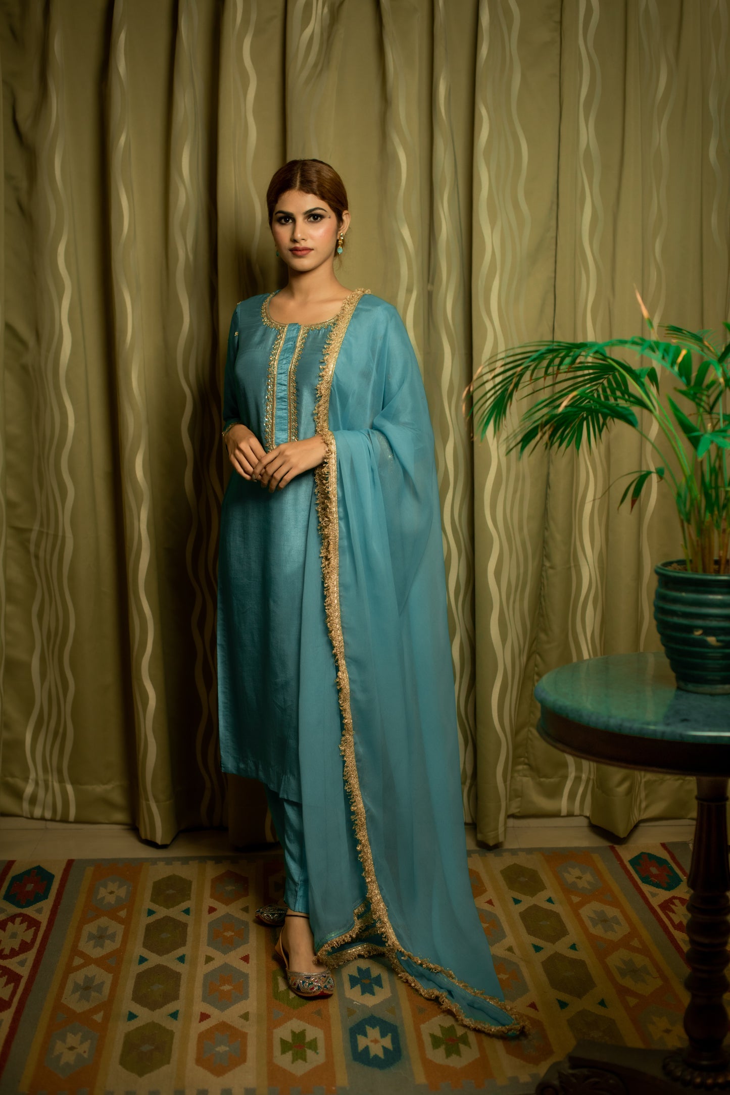 Dusty Teal Hand Embroidered silk kurti set