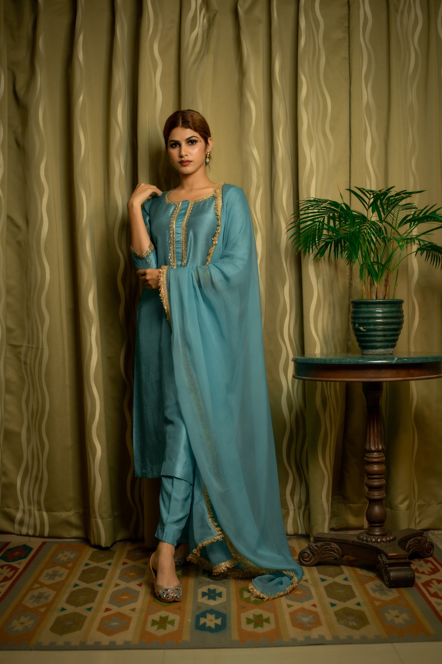 Dusty Teal Hand Embroidered silk kurti set