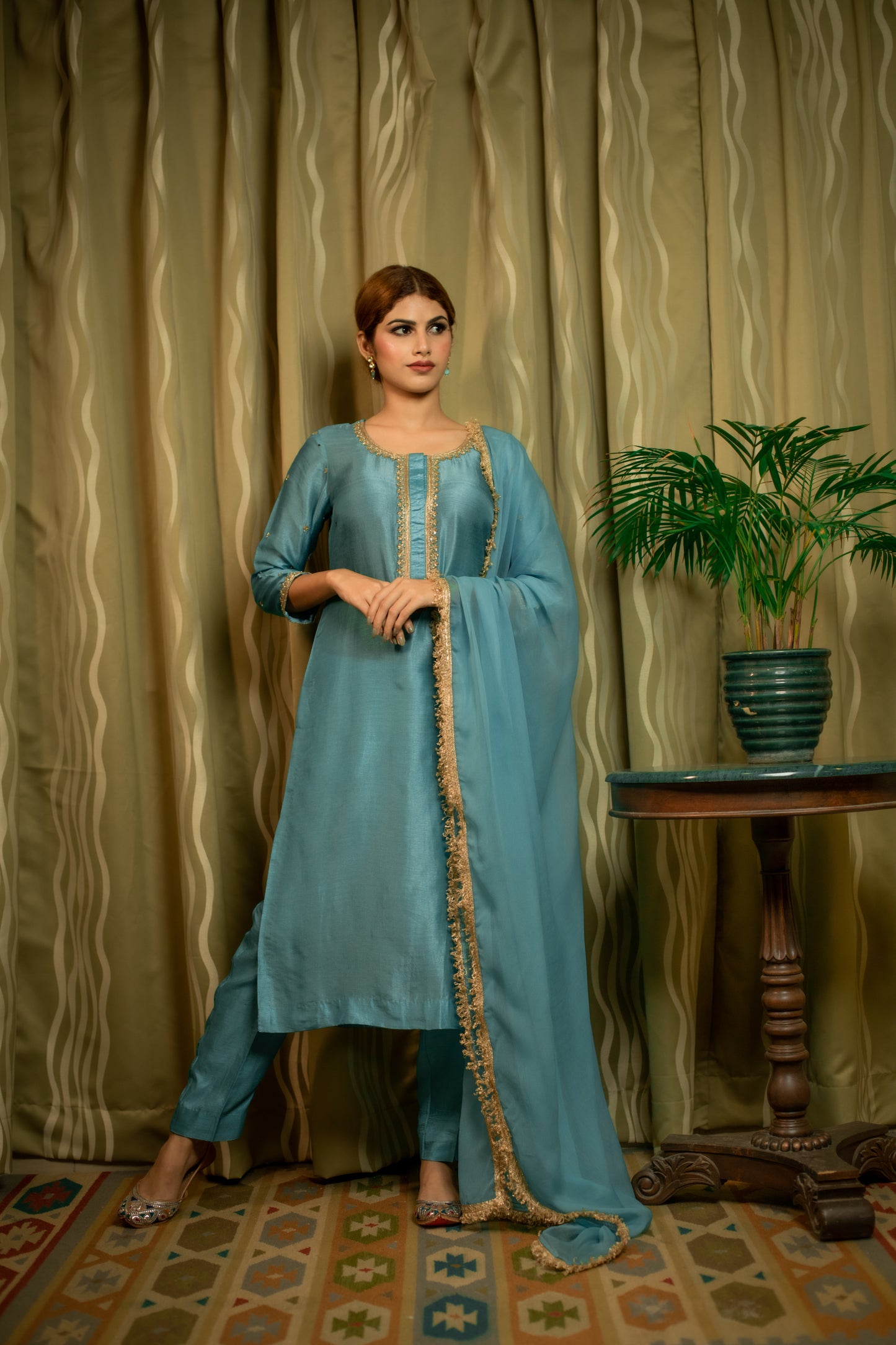 Dusty Teal Hand Embroidered silk kurti set