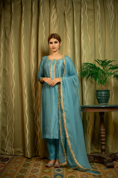 Dusty Teal Hand Embroidered silk kurti set