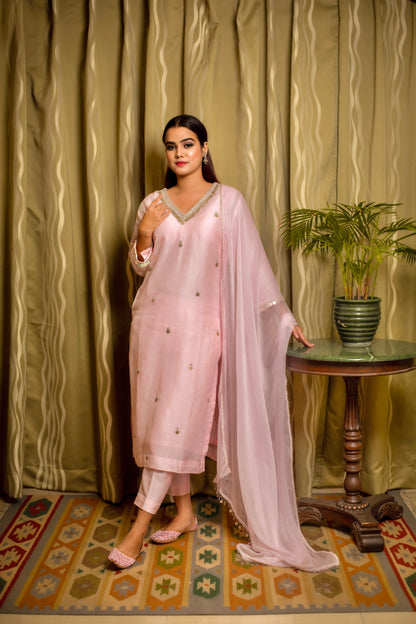 Pastel Pink Silver Coin Embroidered Kurti Set