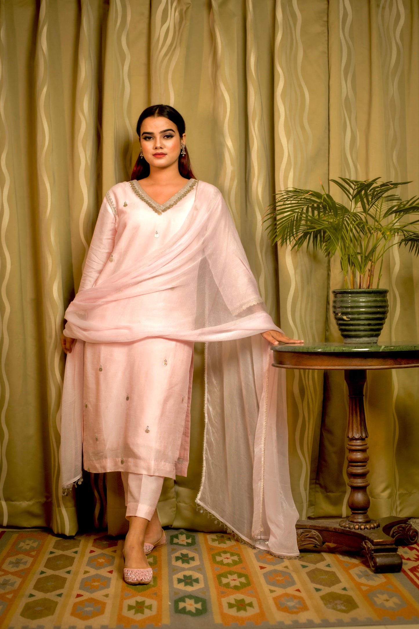 Pastel Pink Silver Coin Embroidered Kurti Set