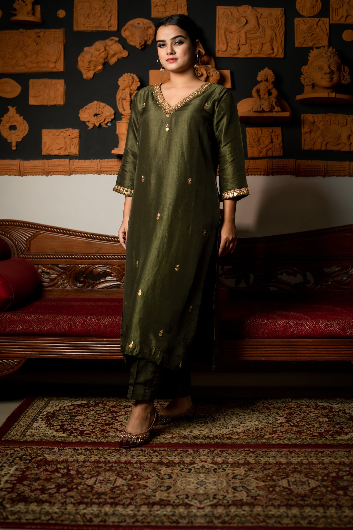 Moss Green Antique Coin Hand Embroidered Kurti set