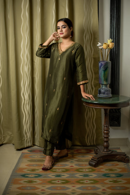 Moss Green Antique Coin Hand Embroidered Kurti set