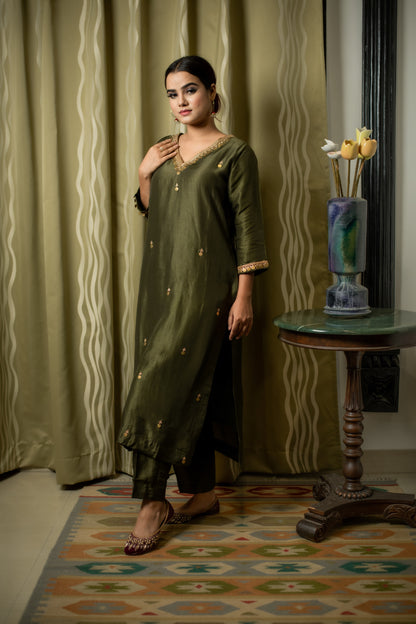 Moss Green Antique Coin Hand Embroidered Kurti set