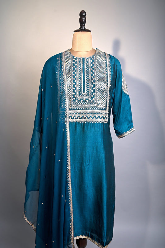 Peacock Blue Hand Embroidered Silk Kurti set