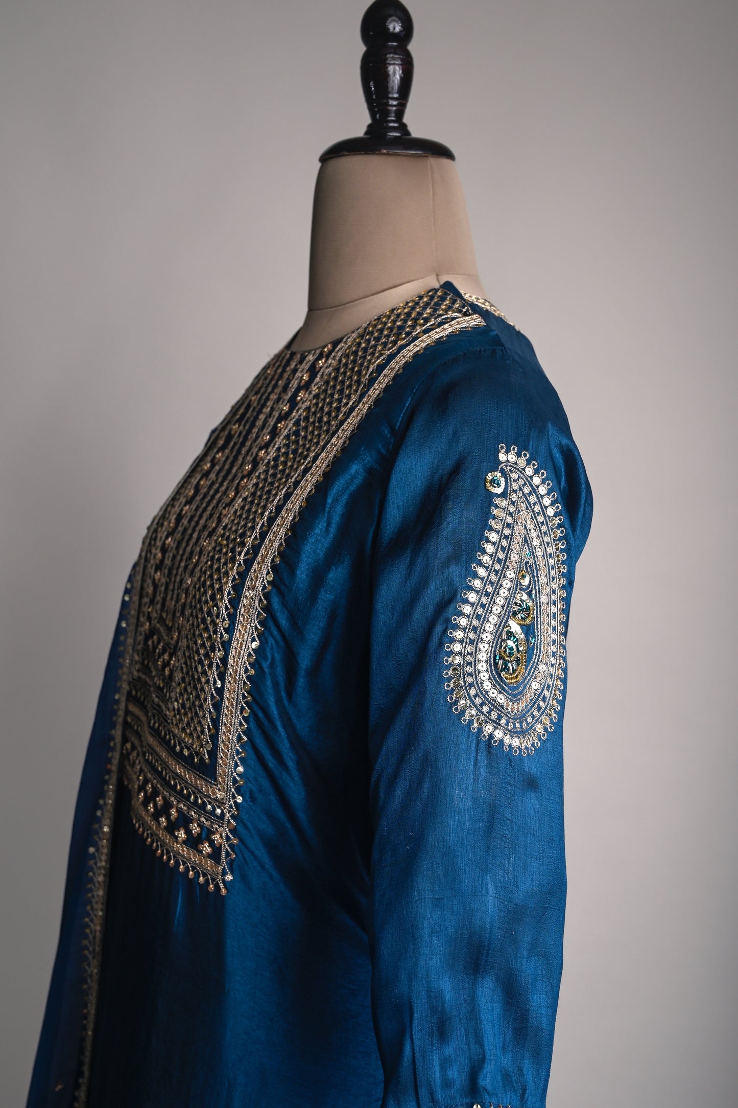 Peacock Blue Hand Embroidered Silk Kurti set
