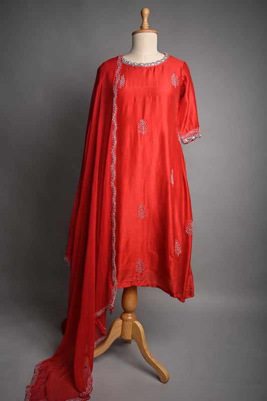 Candy Red Hand Embroidered Silk Kurti set