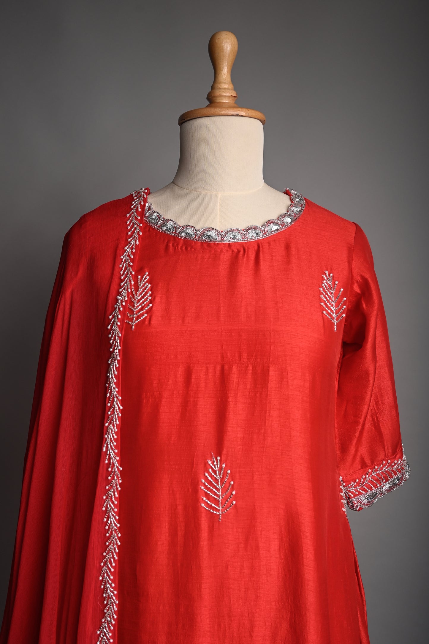 Candy Red Hand Embroidered Silk Kurti set