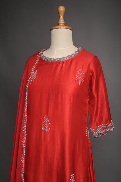 Candy Red Hand Embroidered Silk Kurti set