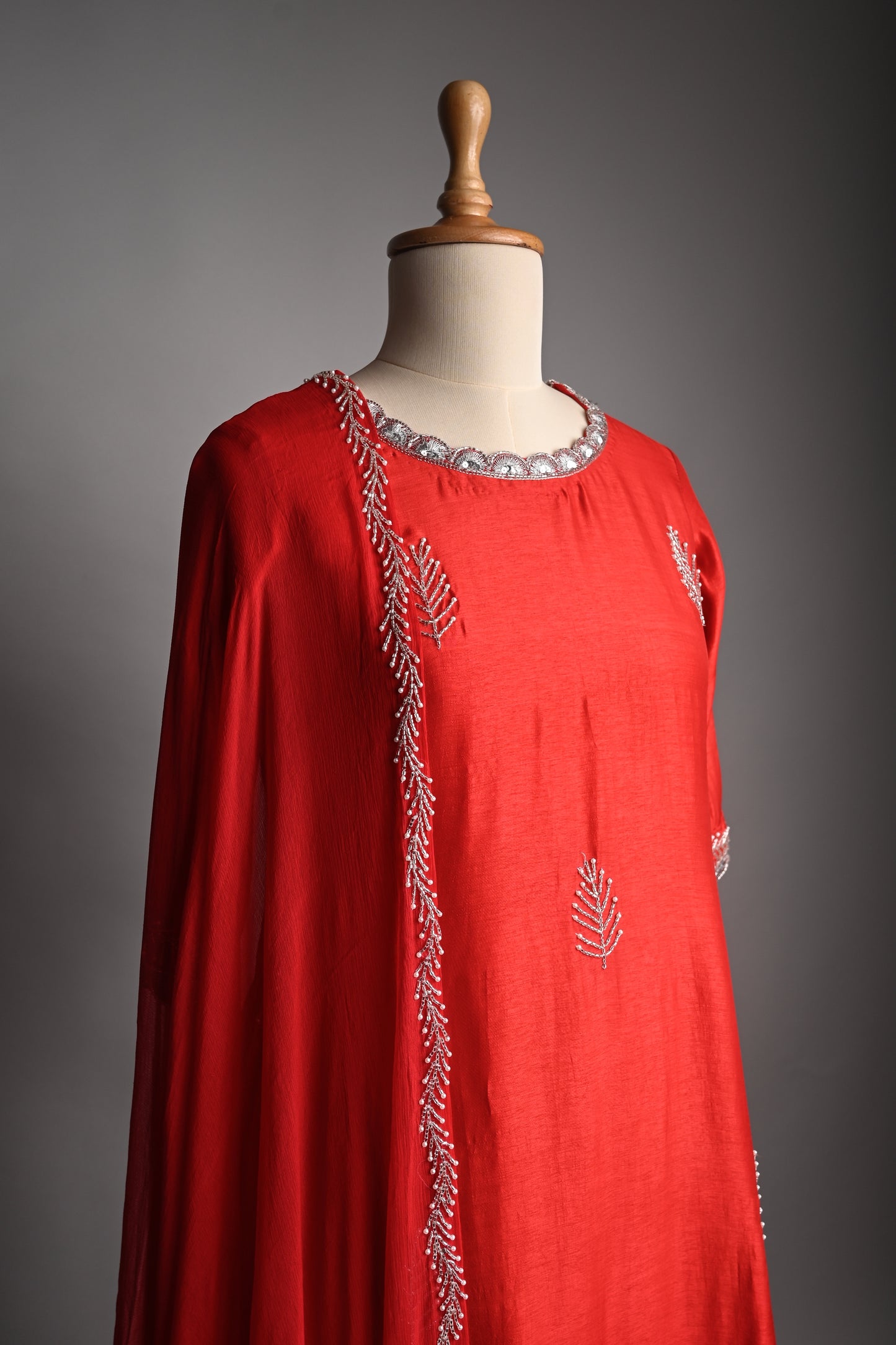 Candy Red Hand Embroidered Silk Kurti set