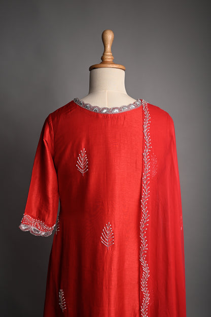 Candy Red Hand Embroidered Silk Kurti set