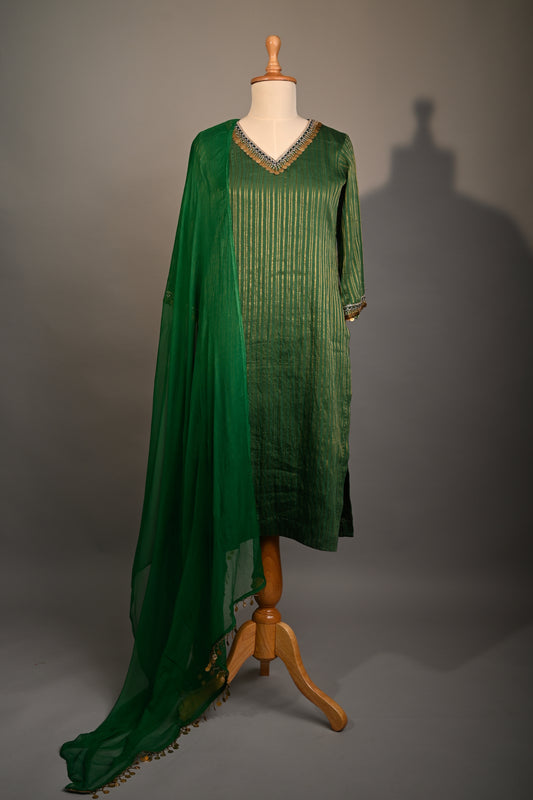 Forrest Green Coin Embroidered Kurti Set