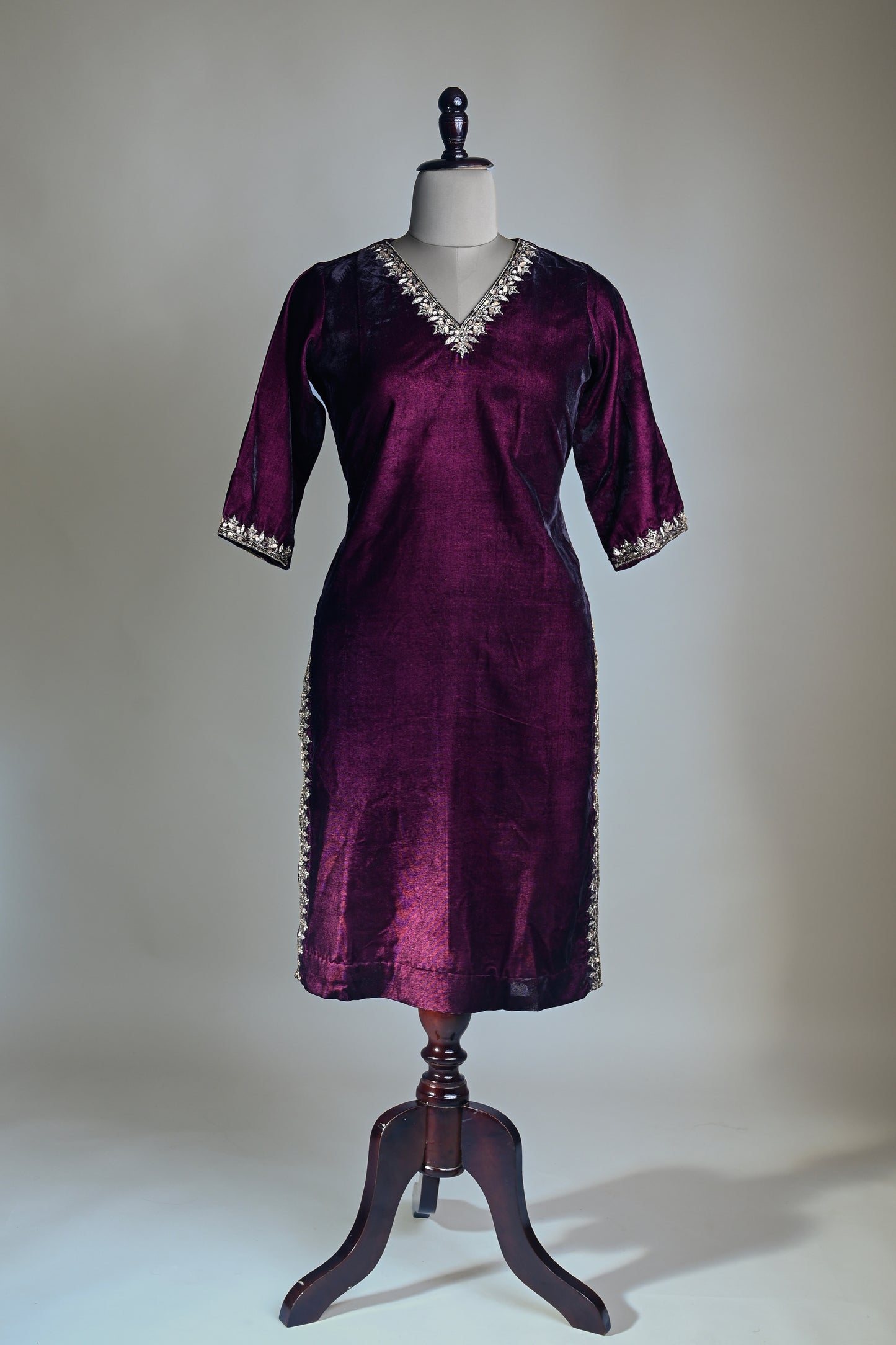 Mulberry Velvet Hand Embroidered Kurti Set