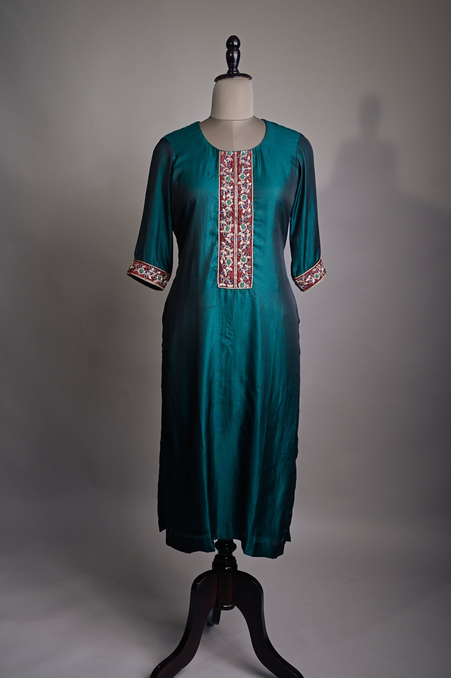 Prussian Blue Hand Embroidered Silk Kurti set