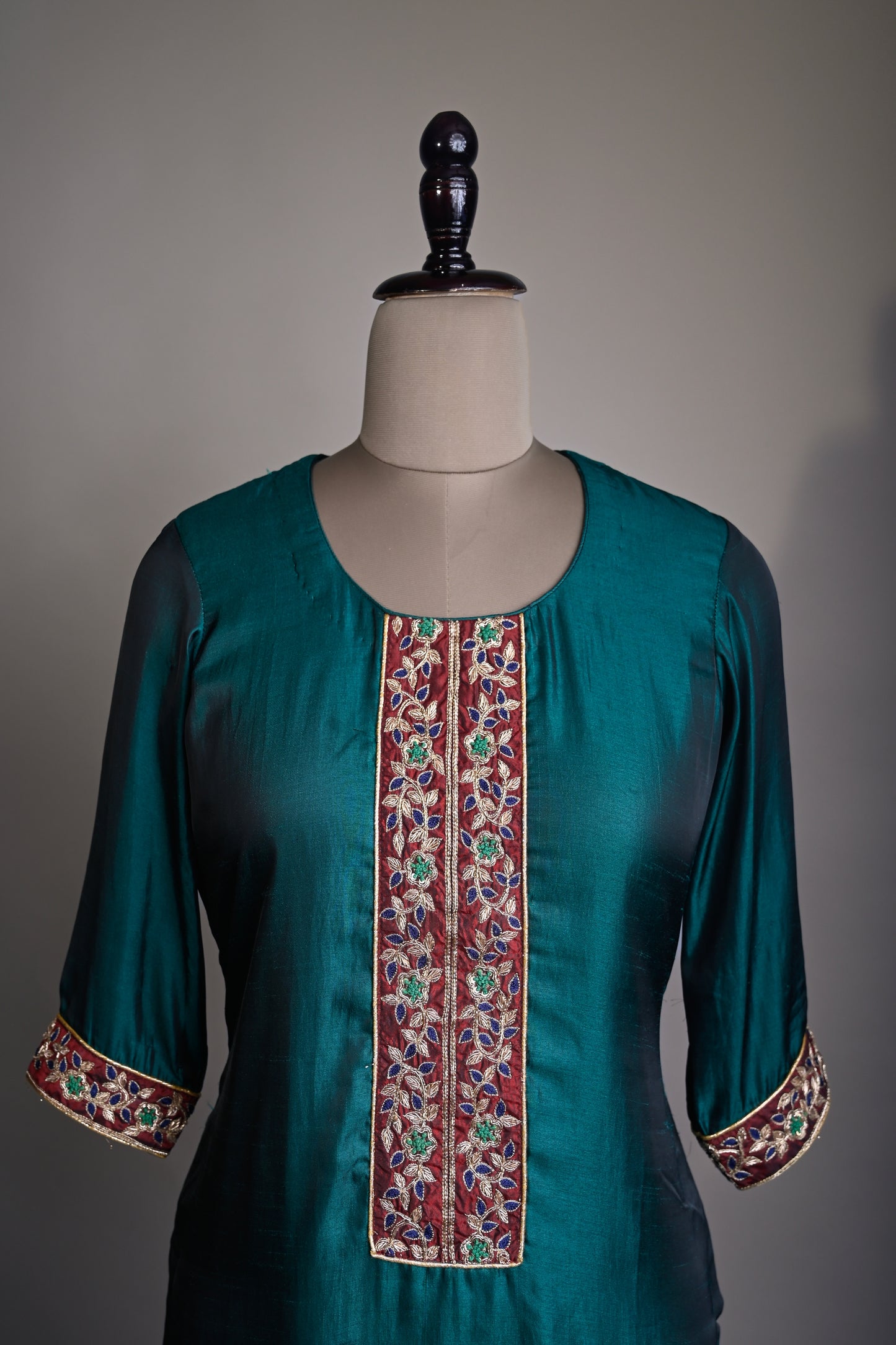 Prussian Blue Hand Embroidered Silk Kurti set