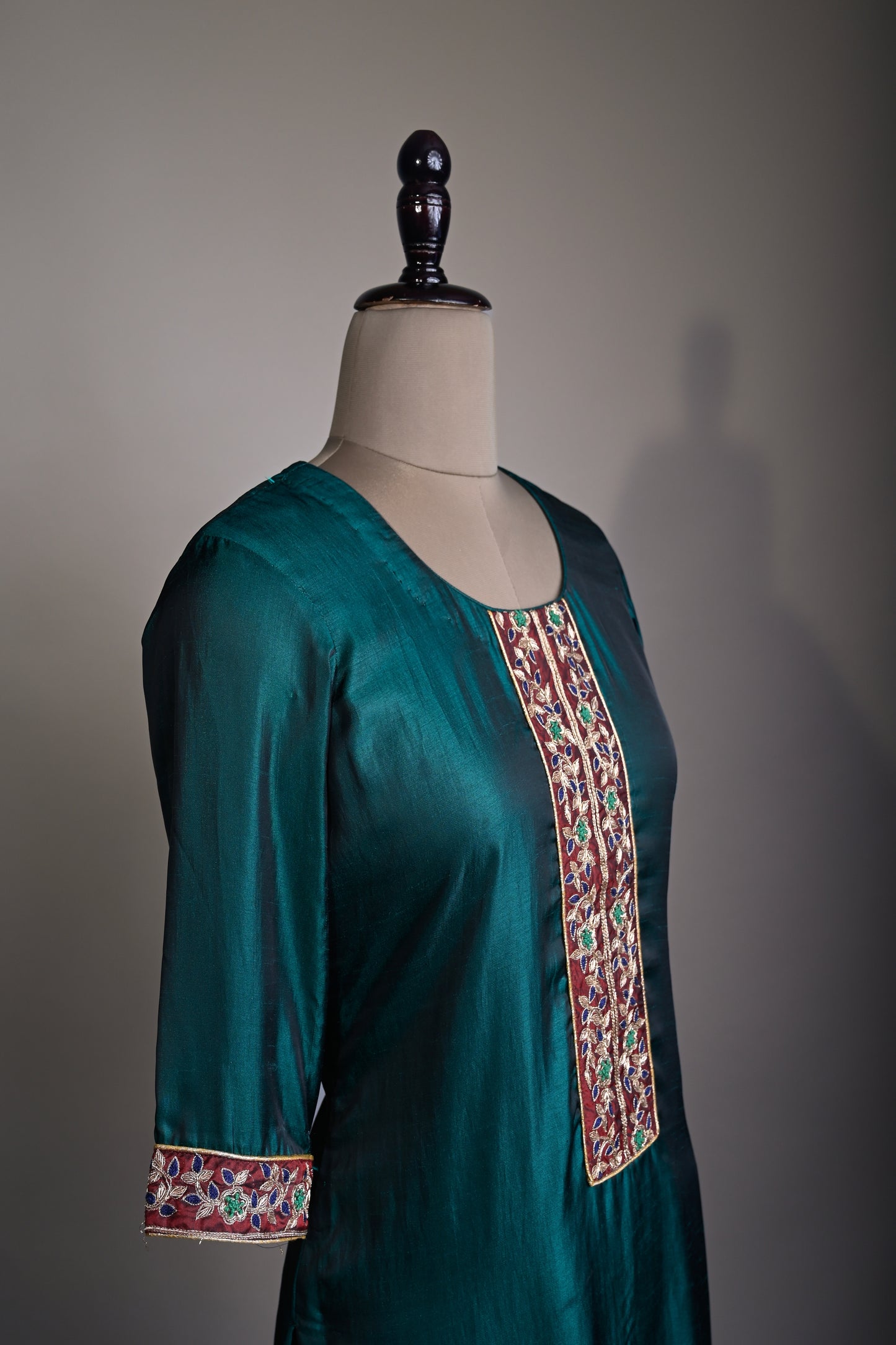 Prussian Blue Hand Embroidered Silk Kurti set