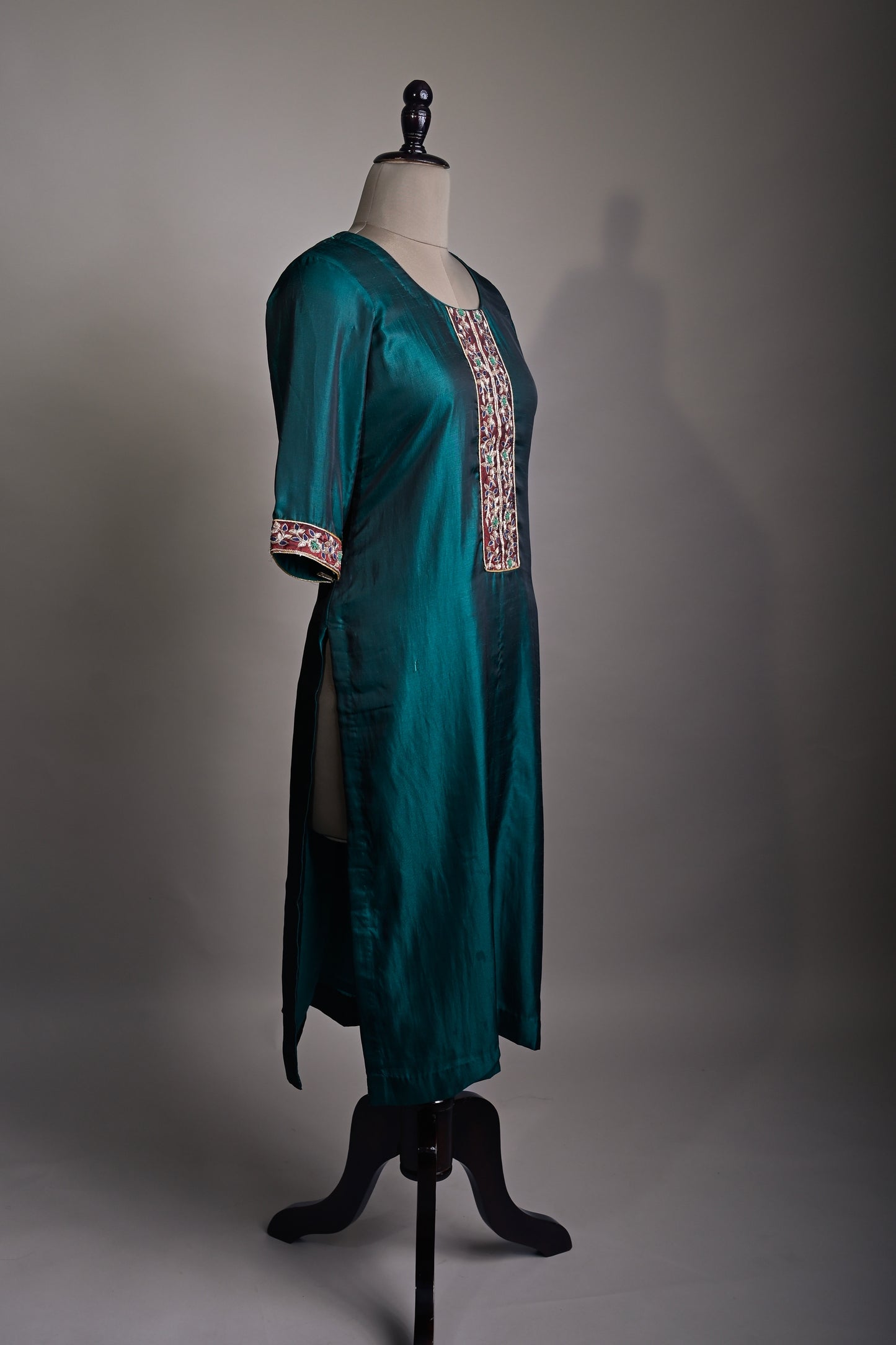 Prussian Blue Hand Embroidered Silk Kurti set