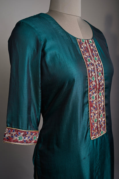 Prussian Blue Hand Embroidered Silk Kurti set