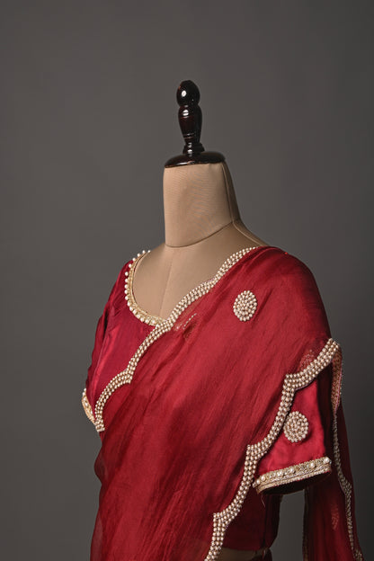 Pearl scalloped Hand Embroidered Organza Saree