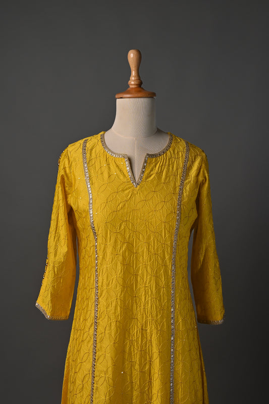 Mustard A-Line Threadwork Kurti Pant