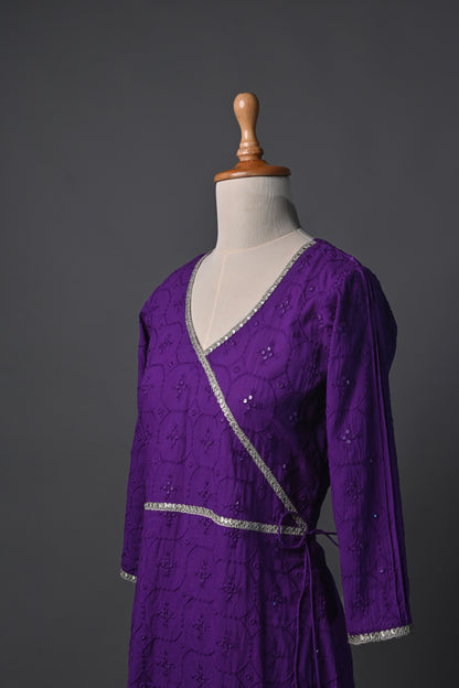 Purple Angrakha Threadwork Kurti and Pants