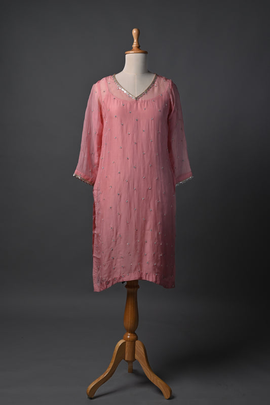 Old Rose Pink Organza Hand Embroidered Kurti