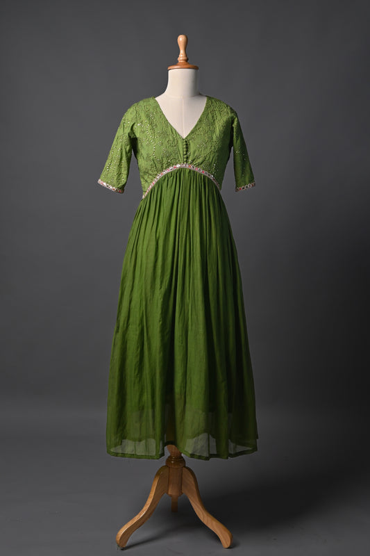 Green Threadwork with Multi Lace Dress