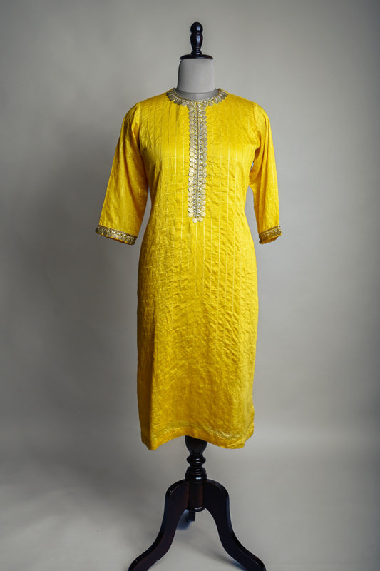 Mustard Yellow Antique Coin Embroidered Kurti set