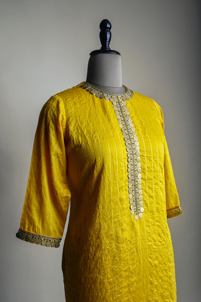 Mustard Yellow Antique Coin Embroidered Kurti set